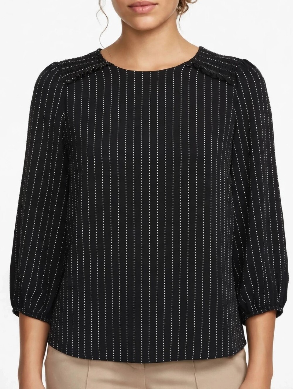 Adrianna Papell Blouse Medium Black White Pinstripe Smocked Shoulder 3/4 Sleeve